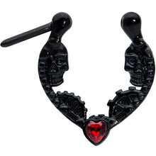 Load image into Gallery viewer, 16G 5/16 Red Gem Black Steampunk Skeleton Heart Cartilage Clicker