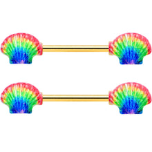 Load image into Gallery viewer, 14G 5/8 Gold Tone Rainbow Scallop Shells Barbell Nipple Ring Set