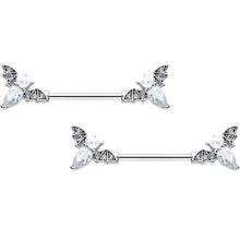 Load image into Gallery viewer, 14G 9/16 Clear Gem Flying Bats Halloween Barbell Nipple Ring Set