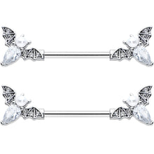 Load image into Gallery viewer, 14G 9/16 Clear Gem Flying Bats Halloween Barbell Nipple Ring Set