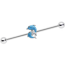 Load image into Gallery viewer, 14G Black Gem Leaping Blue Dolphins Industrial Barbell 38mm