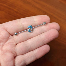 Load image into Gallery viewer, 14G Black Gem Leaping Blue Dolphins Industrial Barbell 38mm