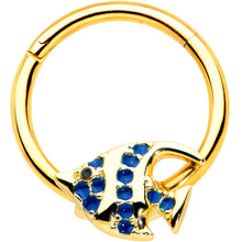 Load image into Gallery viewer, 16G 3/8 Blue Gem Gold Tone Adorable Angelfish Hinged Segment Ring