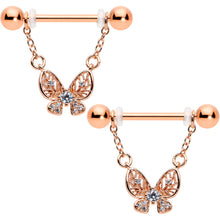 Load image into Gallery viewer, 14G 5/8 Clear Gem Rosy Tone Airy Butterfly Dangle Nipple Ring Set