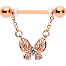 Load image into Gallery viewer, 14G 5/8 Clear Gem Rosy Tone Airy Butterfly Dangle Nipple Ring Set
