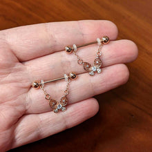 Load image into Gallery viewer, 14G 5/8 Clear Gem Rosy Tone Airy Butterfly Dangle Nipple Ring Set