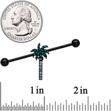 Load image into Gallery viewer, 14G Clear Gem Black Night Palm Tree Dangle Industrial Barbell 38mm