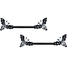 Load image into Gallery viewer, 14G 5/8 Clear Gem Black Flying Bats Halloween Nipple Ring Set