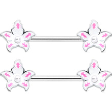 Load image into Gallery viewer, 14G 9/16 Pearlescent Orb Pink White Flower Barbell Nipple Ring Set