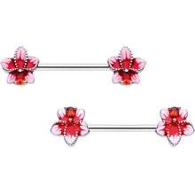 Load image into Gallery viewer, 14G 9/16 Red Gem Tropical Flower Barbell Nipple Ring Set