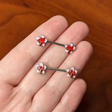 Load image into Gallery viewer, 14G 9/16 Red Gem Tropical Flower Barbell Nipple Ring Set