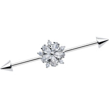 Load image into Gallery viewer, 14G Clear CZ Gem Floral Burst Cone Ends Industrial Barbell 38mm