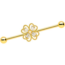 Load image into Gallery viewer, 14G Clear Gem Gold Tone Textured Cross Industrial Barbell 38mm