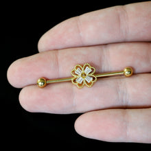 Load image into Gallery viewer, 14G Clear Gem Gold Tone Textured Cross Industrial Barbell 38mm