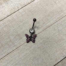 Load image into Gallery viewer, Clear Pink Gem Black Midnight Butterfly Dangle Belly Ring
