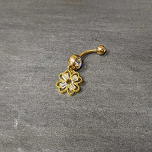 Load image into Gallery viewer, Clear Gem Gold Tone Elegant Textured Shamrock Dangle Belly Ring
