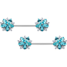 Load image into Gallery viewer, 14G 9/16 Blue CZ Gem Floral Burst Barbell Nipple Ring Set