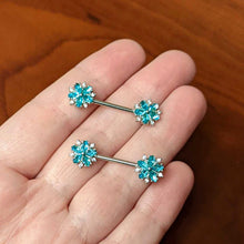 Load image into Gallery viewer, 14G 9/16 Blue CZ Gem Floral Burst Barbell Nipple Ring Set
