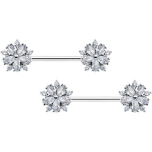Load image into Gallery viewer, 14G 9/16 Clear CZ Gem Floral Burst Barbell Nipple Ring Set