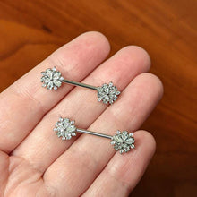 Load image into Gallery viewer, 14G 9/16 Clear CZ Gem Floral Burst Barbell Nipple Ring Set