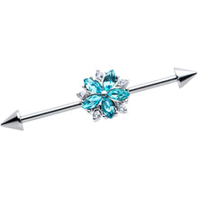 Load image into Gallery viewer, 14G Blue CZ Gem Floral Baroque Burst Cone Industrial Barbell 38mm