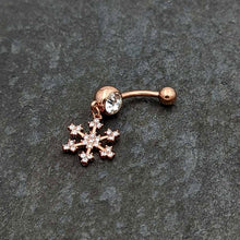Load image into Gallery viewer, Clear Gem Rose Gold Tone Square Snowflake Holiday Dangle Belly Ring