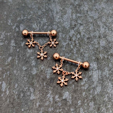 Load image into Gallery viewer, 14G 9/16 Clear Gem Rosy Hue Snowflake Chain Dangle Nipple Ring Set