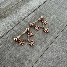 Load image into Gallery viewer, 14G 9/16 Clear Gem Rosy Hue Snowflake Chain Dangle Nipple Ring Set