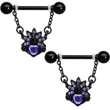 Load image into Gallery viewer, 14G 9/16 Purple Gem Black Skull Blossom Dangle Nipple Ring Set