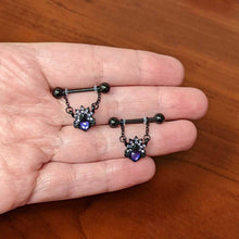 Load image into Gallery viewer, 14G 9/16 Purple Gem Black Skull Blossom Dangle Nipple Ring Set
