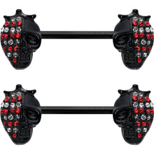 Load image into Gallery viewer, 14G 9/16 Red Gem Black Skull Halloween Barbell Nipple Ring Set