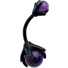 Load image into Gallery viewer, Purple Amethyst Black Skeleton Hand Halloween Double Mount Belly Ring
