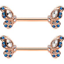 Load image into Gallery viewer, 14G 9/16 Clear Blue Gem Rosy Tone Butterfly Wing Nipple Ring Set