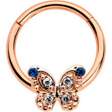 Load image into Gallery viewer, 16G 3/8 Blue Gem Rose Gold Tone Butterfly Hinged Segment Ring