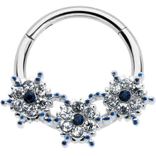 Load image into Gallery viewer, 16G 3/8 Clear Blue Gem Festive Trio Snowflake Hinged Segment Ring