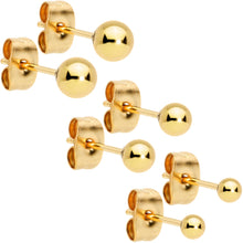 Load image into Gallery viewer, 3mm 4mm 5mm Ball Gold Tone 316L Stainless Steel Stud Earrings 3 Pack