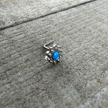 Load image into Gallery viewer, 20G 7mm Blue Faux Opal Heart Sun L Shape Nose Ring