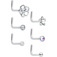 Load image into Gallery viewer, 20G 1/4 Aurora Clear CZ Gem Flower L Shape Nose Ring Set of 6