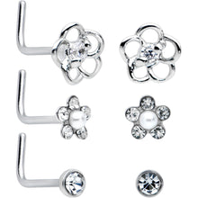 Load image into Gallery viewer, 20G 1/4 Aurora Clear CZ Gem Flower L Shape Nose Ring Set of 6