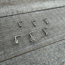 Load image into Gallery viewer, 20G 1/4 Aurora Clear CZ Gem Flower L Shape Nose Ring Set of 6