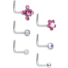 Load image into Gallery viewer, 20G 1/4 Aurora Pink CZ Gem Flower L Shape Nose Ring Set of 6