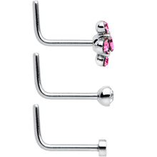 Load image into Gallery viewer, 20G 1/4 Aurora Pink CZ Gem Flower L Shape Nose Ring Set of 6
