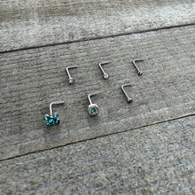 Load image into Gallery viewer, 20G 1/4 Aurora Blue CZ Gem Flower L Shape Nose Ring Set of 6