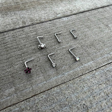 Load image into Gallery viewer, 20G 1/4 Aurora Purple CZ Gem Flower Bow L Shape Nose Ring Set of 6