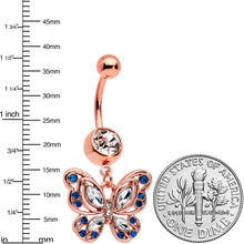 Load image into Gallery viewer, Blue Clear Gem Rose Gold Tone Butterfly Wings Dangle Belly Ring