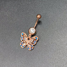 Load image into Gallery viewer, Blue Clear Gem Rose Gold Tone Butterfly Wings Dangle Belly Ring