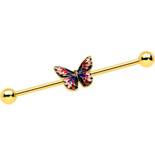 Load image into Gallery viewer, 14G Gold Tone Red Blue Pink Butterfly Industrial Barbell 38mm