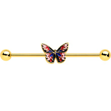 Load image into Gallery viewer, 14G Gold Tone Red Blue Pink Butterfly Industrial Barbell 38mm