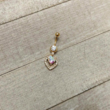 Load image into Gallery viewer, Clear Aurora Gem Gold Tone Rococo Heart Dangle Belly Ring