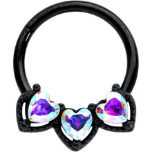 Load image into Gallery viewer, 16G 3/8 Aurora Gem Black Rococo Trio Heart Hinged Segment Ring